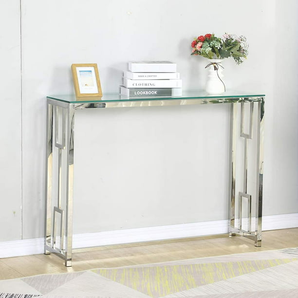 Glass Console Table Modern Metal Chrome, Clear Glass Sofa Table