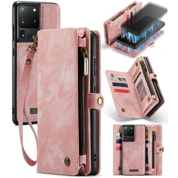 Feishell Durable 2-In-1 Magnetic Detachable Wallet Case for Samsung Galaxy S20 Ultra,for Women Men,Premium PU Leather Zipper Pocket Flip Multi Card Slots Purse Phone Case with Wrist Strap,Pink