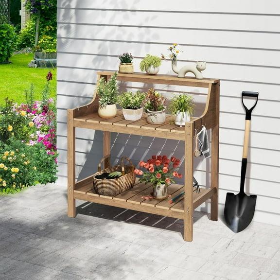 Potting Bench Table, HDPS Potting Bench with 4 Side Hooks, All-Weather Garden Table Work Station, Outdoor Potting Table for Porch