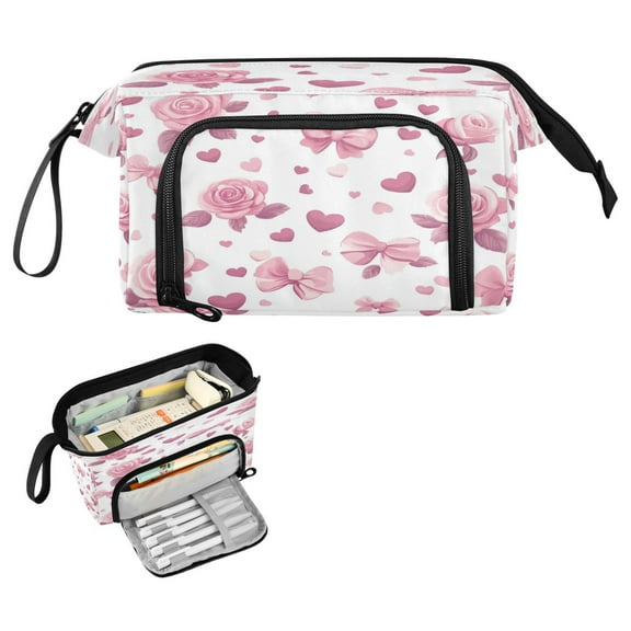 Nylon Fish Mouth Pencil Case with Large Capacity Zipper Pencil Pouch Pink Roses and Bows Pencil Bag Organizers
