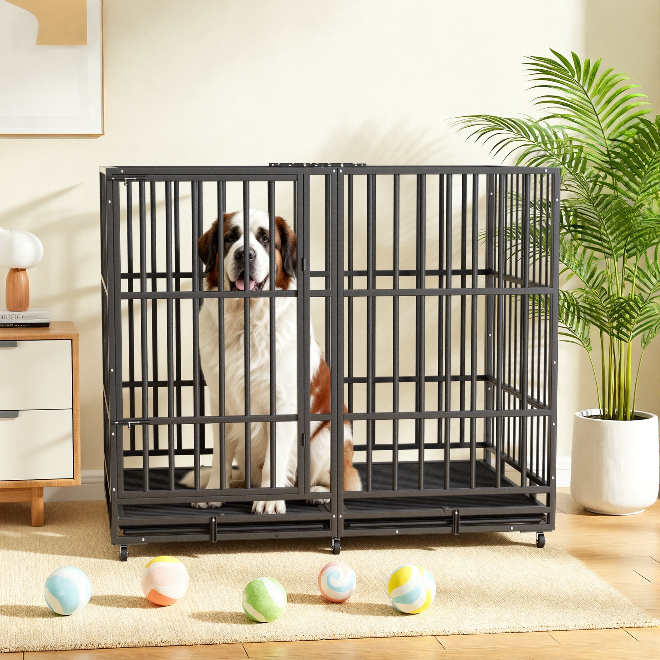 YOKWOK 54 Inch Heavy Duty Dog Crate, Indestructible Steel Chew & Escape Proof Dog Cage for Large High Anxiety Dogs, XXL Metal Dog Kennel with Locking Wheels, Removable Tray, Indoor Use