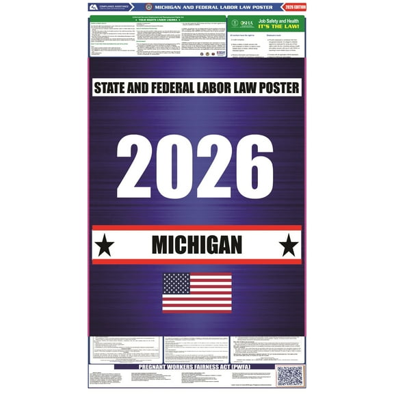 Michigan (MI) 2026 State Labor Law Poster - State, Federal and OSHA Compliant Laminated Poster - Perfect for the Workplace Posting - Clear and Easy-to-Read Format - 20 Inch by 36 Inch - English