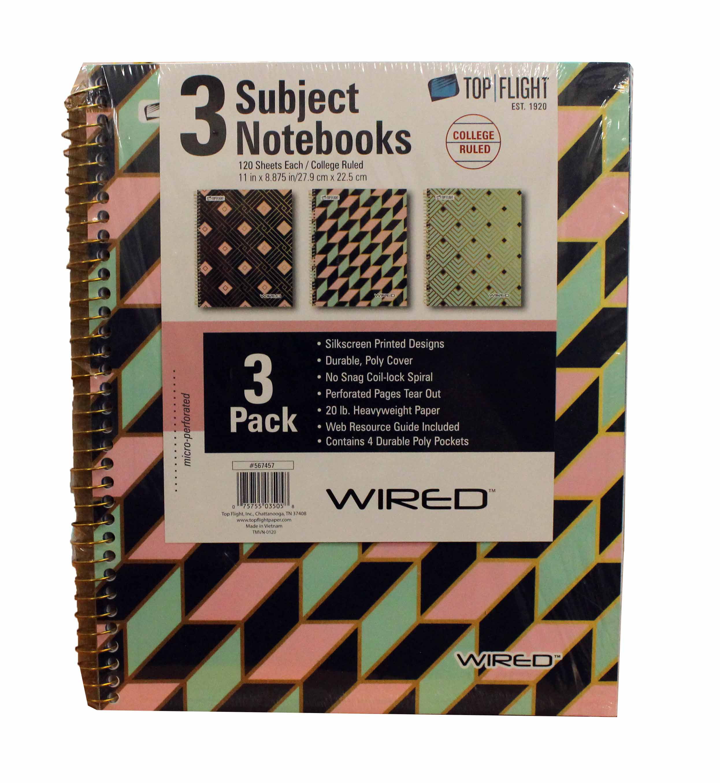 Top Flight Wired 3 Subject Notebooks 120 Sheets Each College Ruled 