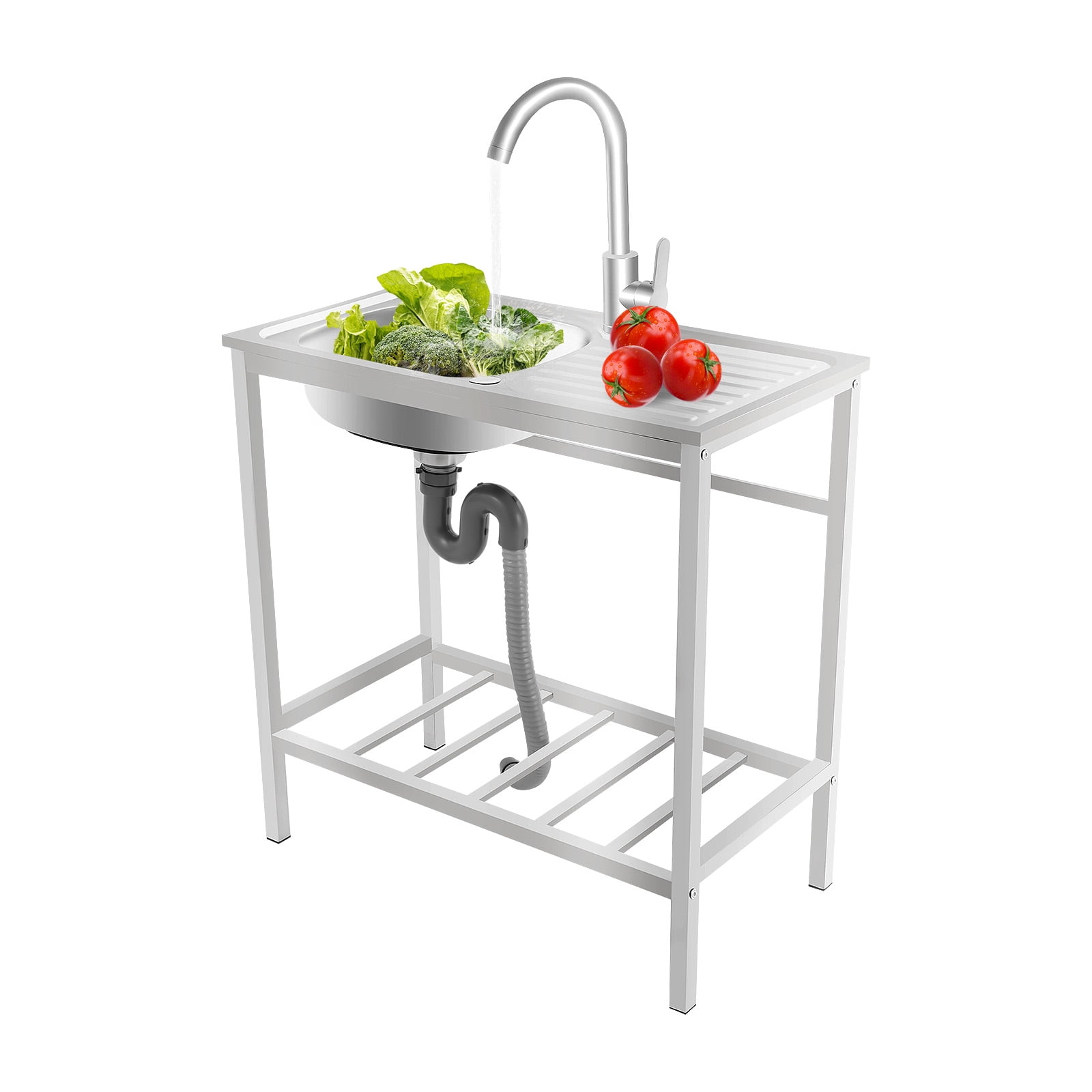 Kitchen Single Bowl Sink with 360° Rotatable Faucet, Catering Sink with Bottom Shelf, Utility Sink