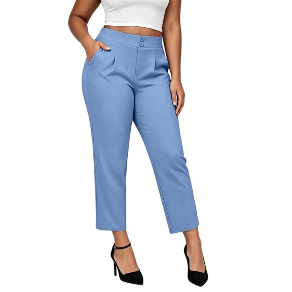 cocolona Womens Summer Casual High Waist Dress Pants Elastic Waist Straight Wide Leg Cropped Business Work Pants with Pockets