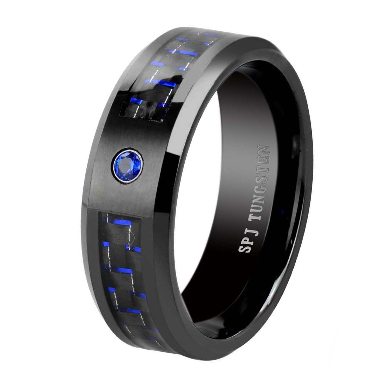 Men's Tungsten Ring 8mm Black & Blue Carbon Fiber Wedding Band 