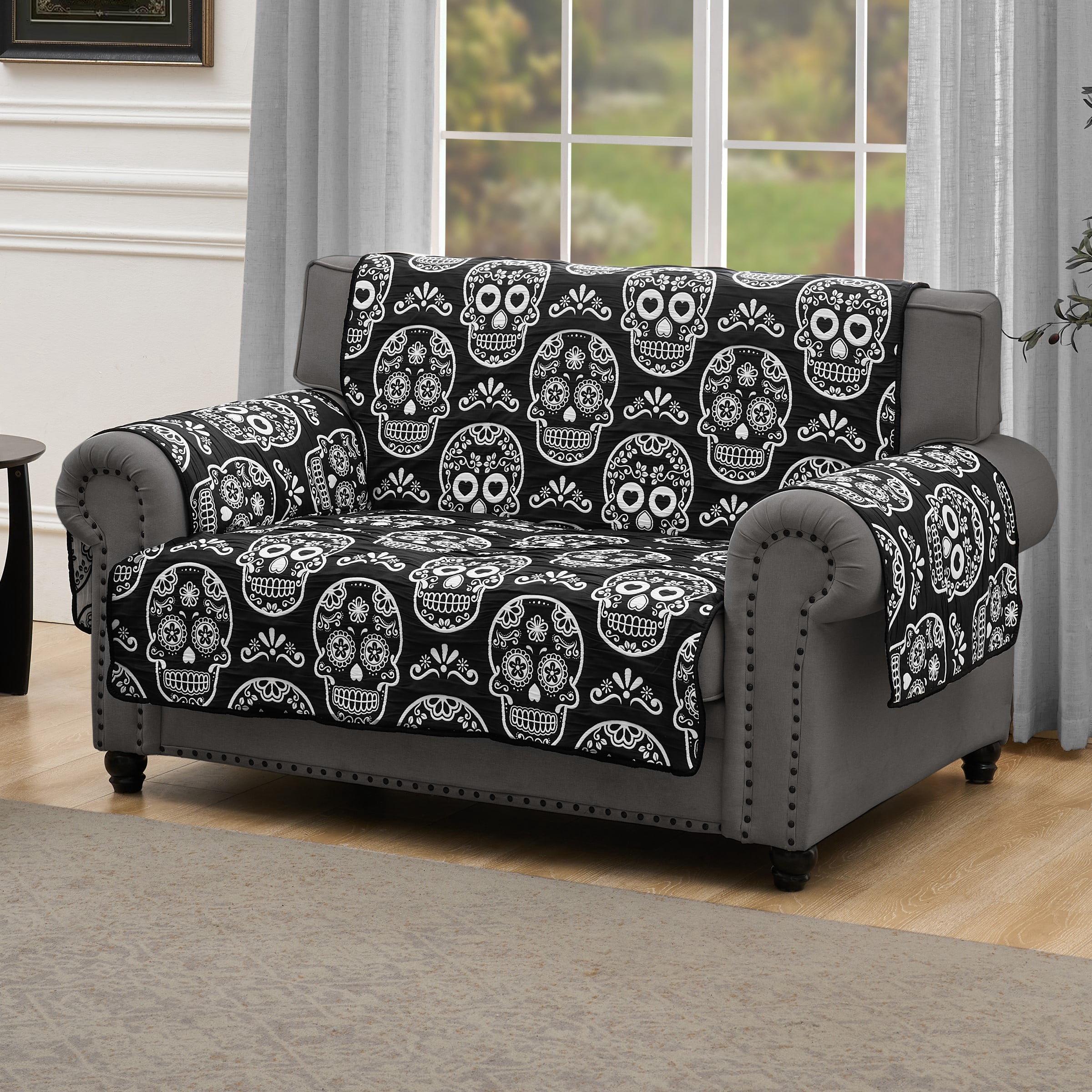 Greenland Home Fashions Sugar Skull Jacqard Woven Print Reversible Slipcover/Furniture Protector, Loveseat