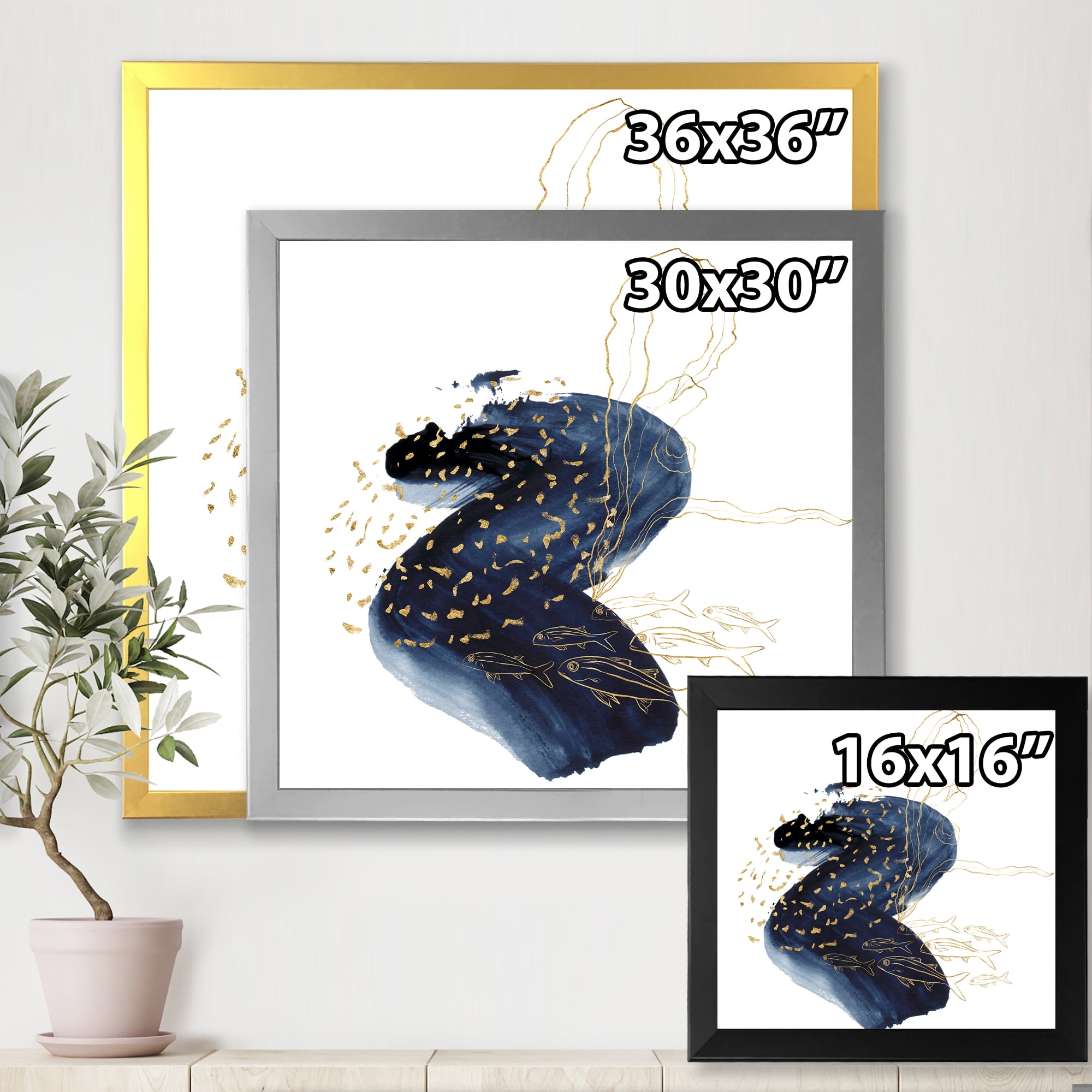 Designart 'Underwater Marine Life Classic Blue Square ' Farmhouse Framed Art Print