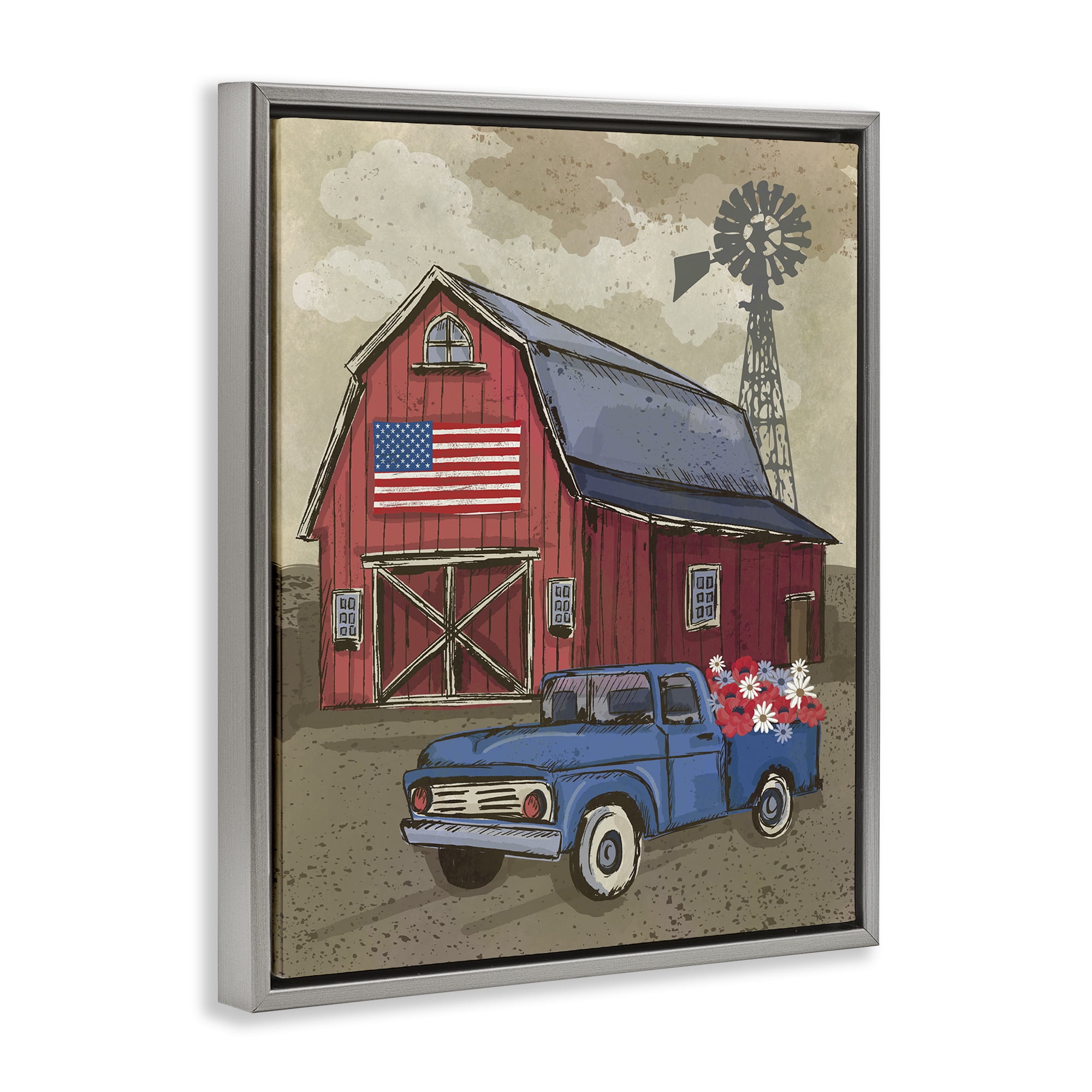 Stupell Industries Vintage Americana Barn Patriotic Painting Gray Floater Framed Canvas Art Print Wall Art, 17 x 21