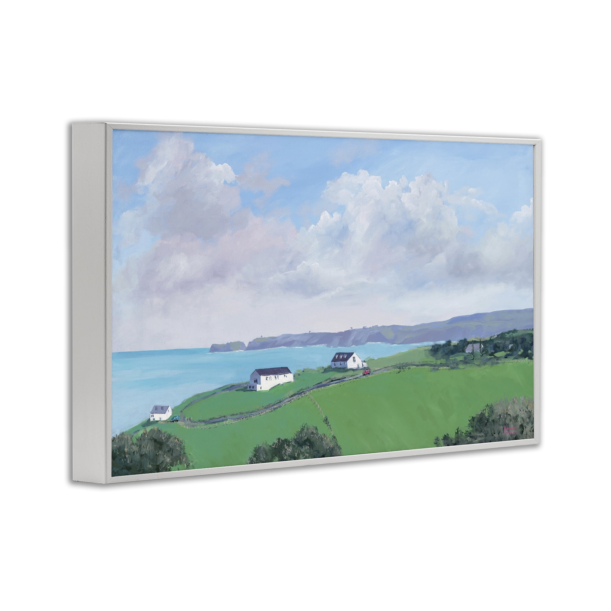 Stupell Industries Coastal Farm Houses Landscape Painting White Framed Art Print Wall Art, 24 x 16