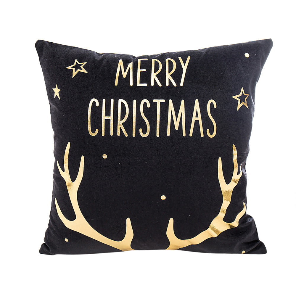 Merry Christmas Cushion Cover Throw Black Gold Pillow Case Home Decor W