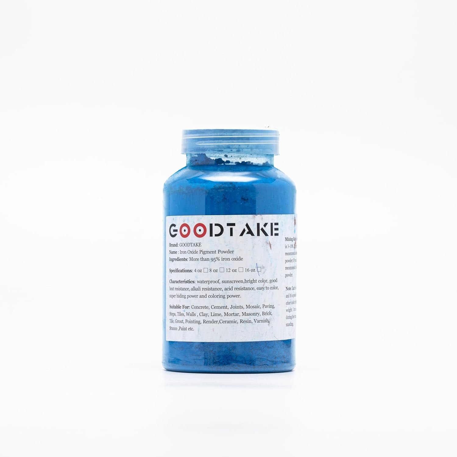 GOODTAKE Concrete Pigment, Blue Iron Oxide Pigment Powder, Concrete Cement Dye Color Pigment for Brick, Tile, Clay, Lime, Mortar, Grout, Plaster, Paint, Bath Bombs Coloring Powder (Blue, 12 oz)
