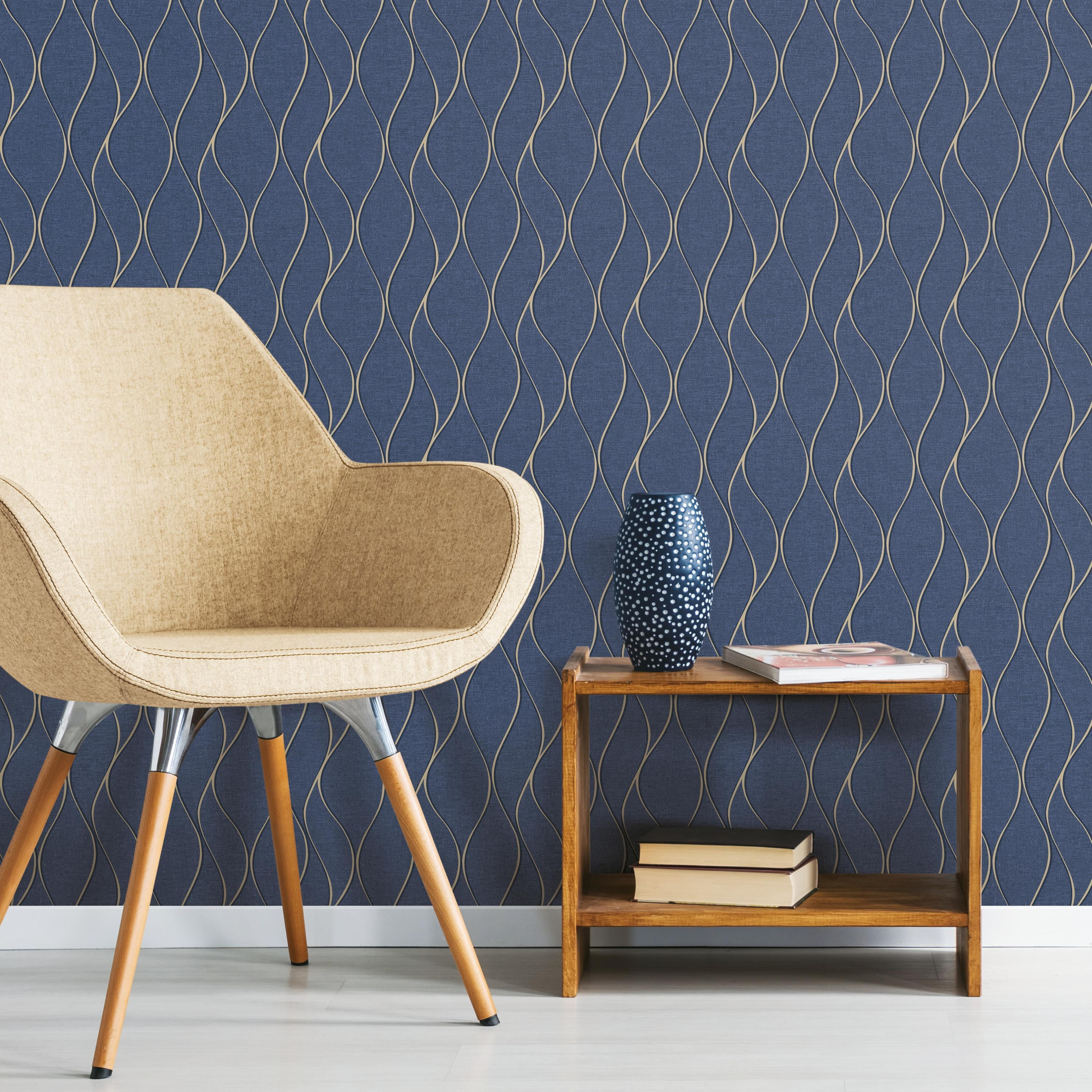 RoomMates Navy Blue Wave Ogee Peel and Stick Wallpaper