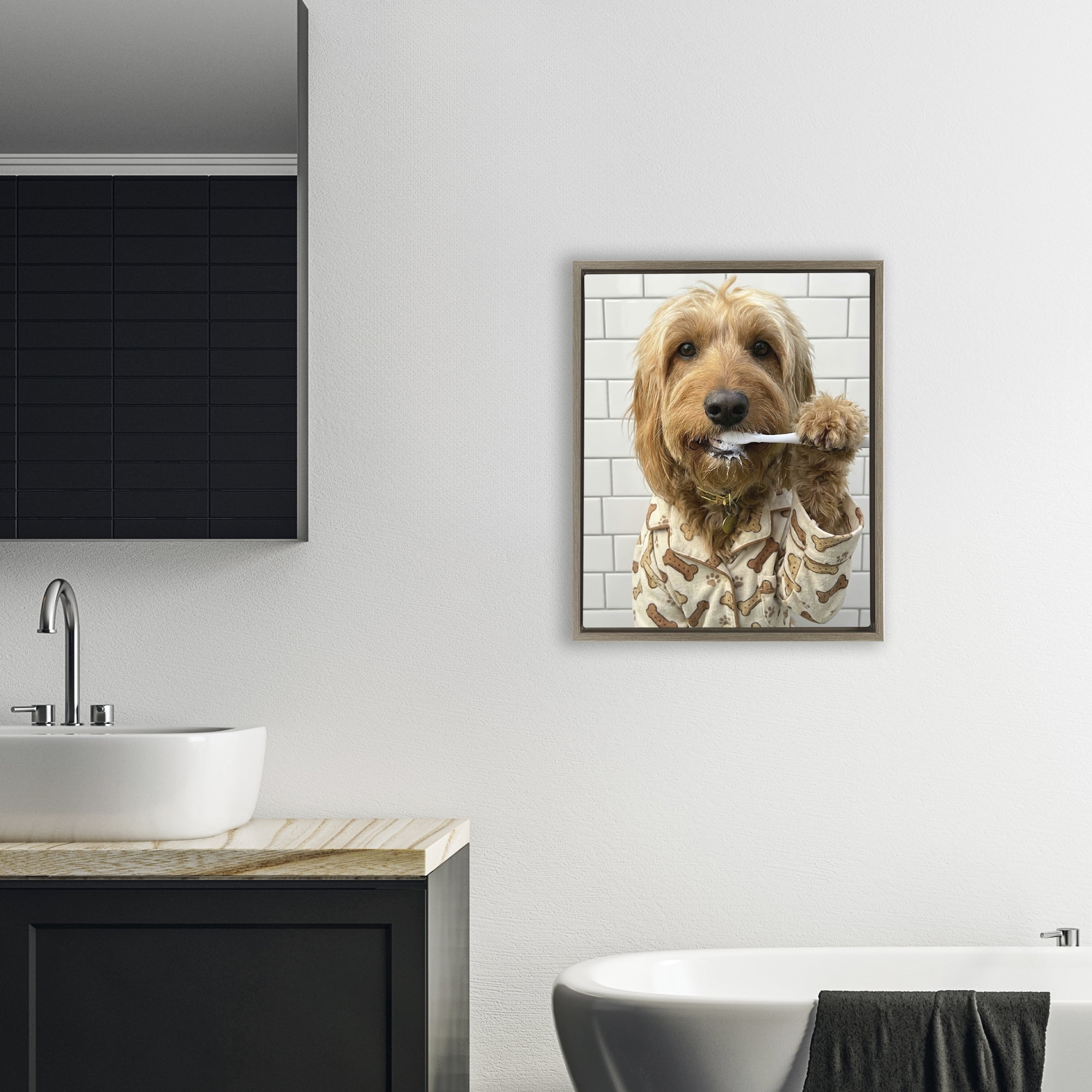 Stupell Industries Realistic Dog Brushing Teeth Brown Framed Floater Canvas Wall Art, design by Abigail Walker