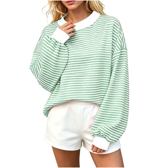 Qiggri Women's Oversized Striped Mock Neck Sweatshirt Soft Knit Long Sleeve Pullover Shirt Stylish Casual Fall Winter Lounge Daily Tops L
