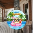 thumbnail image 3 of Hello Summer Old English Sheepdog at Swimming Pool Flamingo Swim Ring Round Wood Sign Dog Lover Hanging Wall Home Decor - 12009, 3 of 5