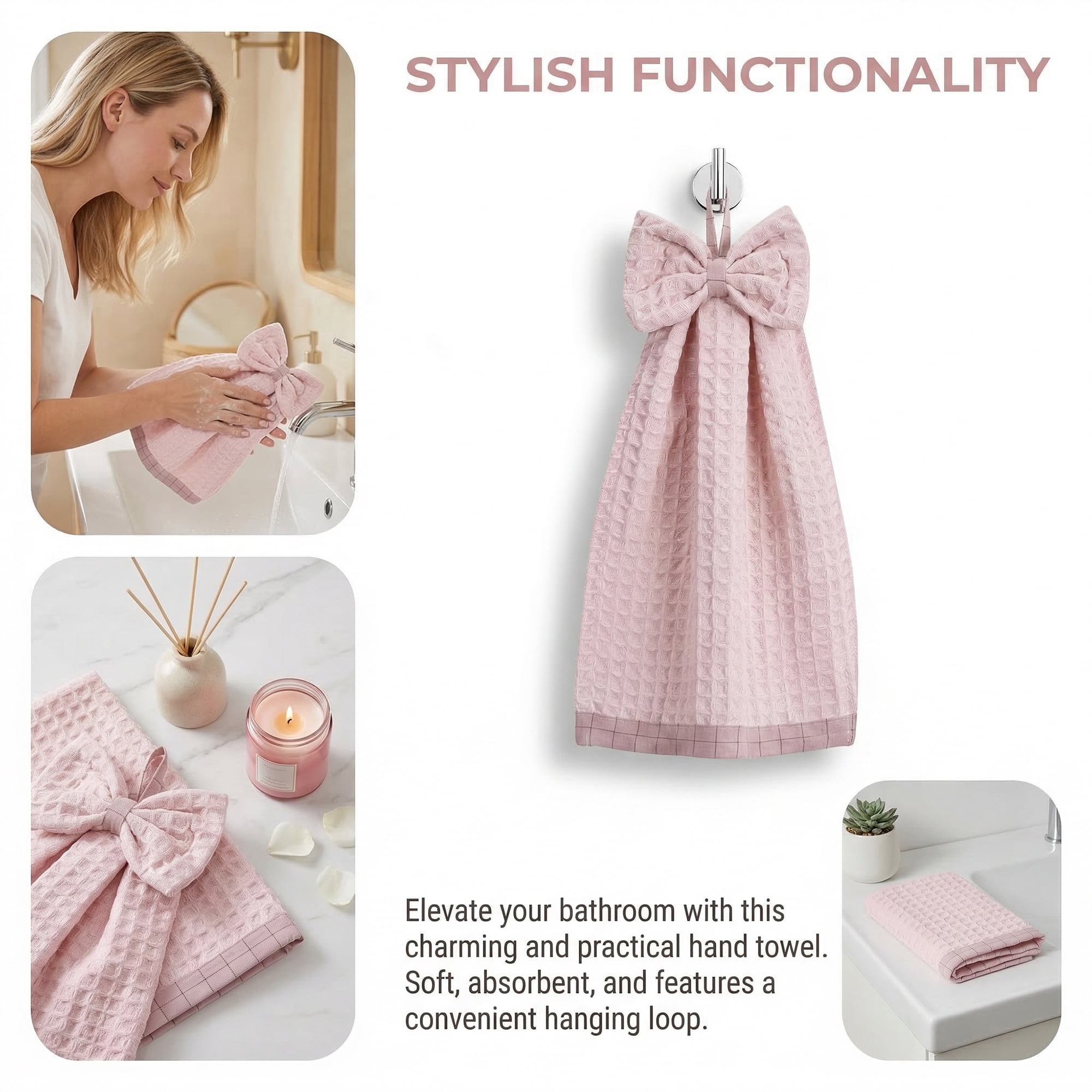 Unique Bargains 2 Pack Waffle Weave Hanging Hand Towels with Bowknot Pink 13" x 9"