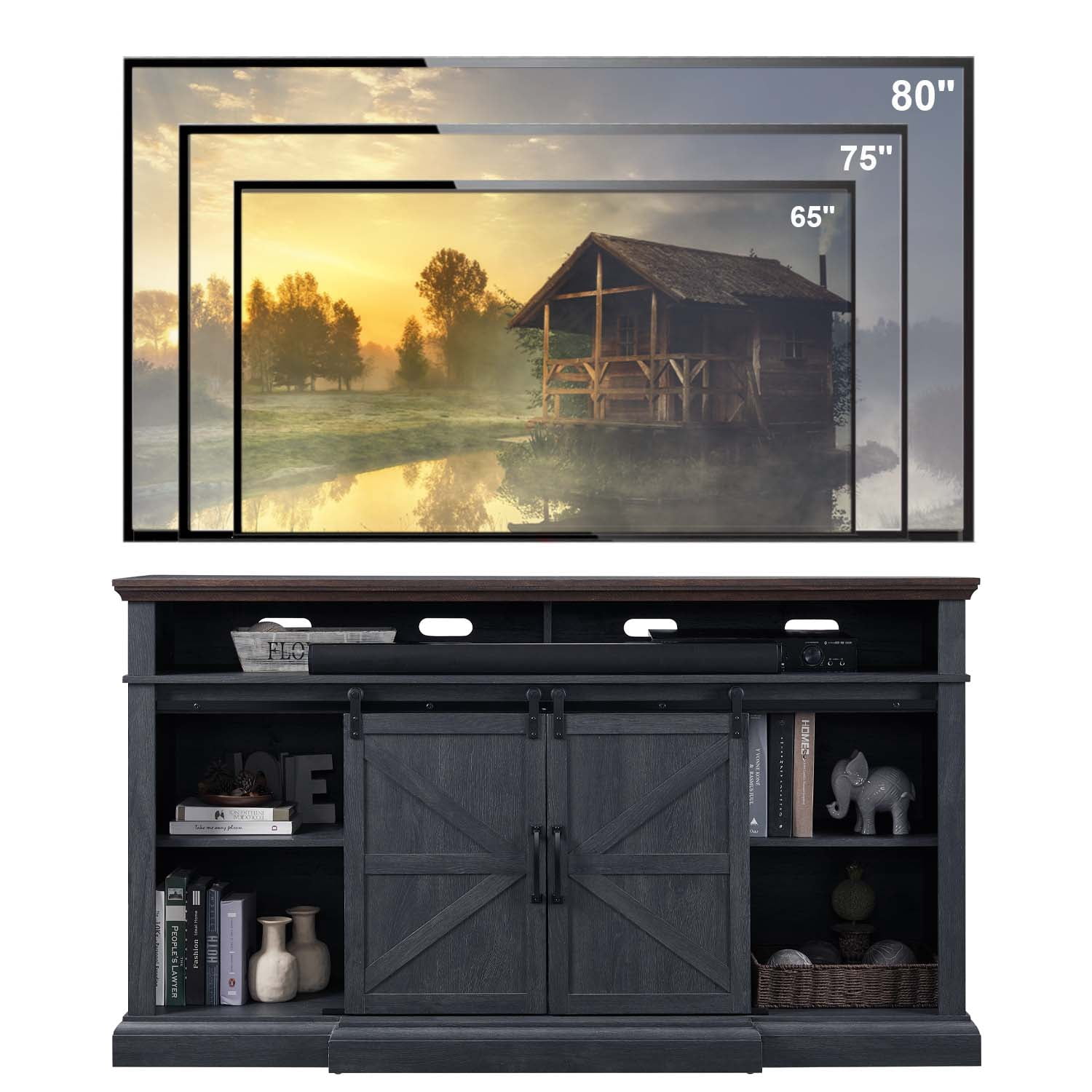 SinCiDo TV Stand for 75 inches TV, Farmhouse TV stand with 37" Tall Entertainment Center for Living Room