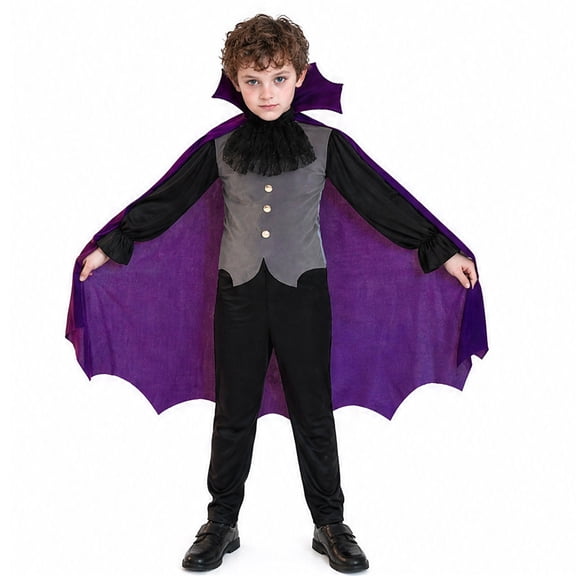 Vampire Cosplay, Vampire Cos, Vampire Outfits, Bat Wing Vampire Cape Costume Set, Grey Vest Black Long Sleeve Shirt Purple Lined Bat Cape, Gothic Vampire Cosplay Outfit for Halloween Party, Black L