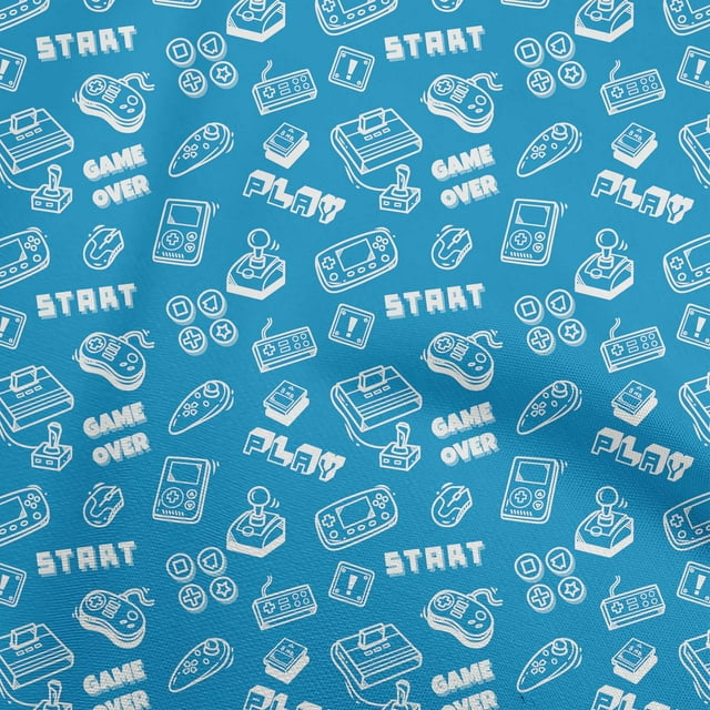 oneOone Velvet Medium Blue Fabric Game Video Game Doodle Craft Projects Decor Fabric Printed By The Yard 58 Inch Wide
