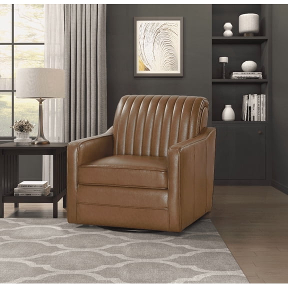 Modern Brown Swivel Chair - 1pc with Breathable Faux Leather & Channel Stitching