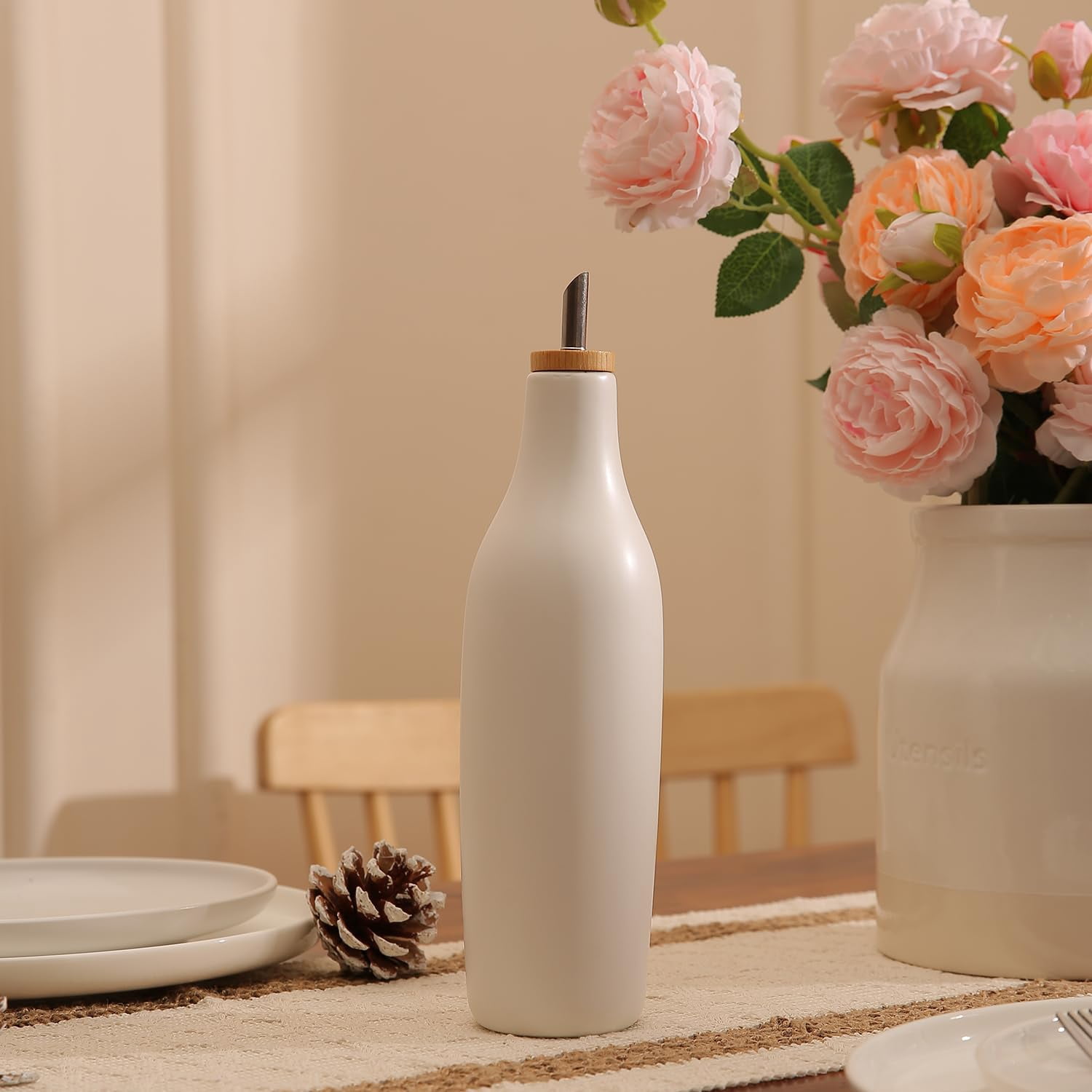 Ceramic Olive Oil Dispenser for Kitchen, Stoneware 16oz Oil Cruet and Vinegar Bottles Dispenser, Kitchen Dispenser Bottle for EVOO Vinegar Syrups, Modern Farmhouse Design(B-O)