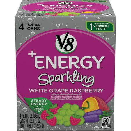 V8 +Energy Sparkling Healthy Energy Drink, Natural Energy from Tea, White Grape Raspberry, 8.4 Oz Can (4