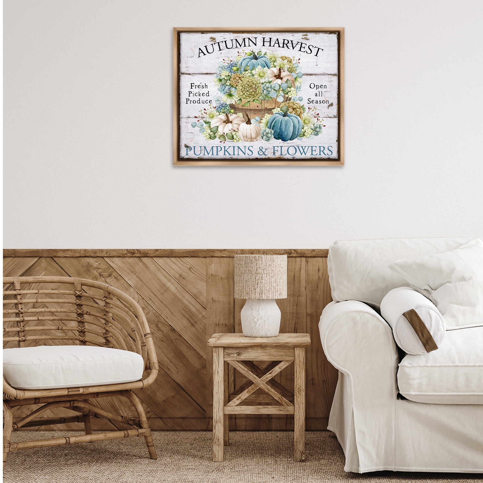 Stupell Industries Pumpkins & Flowers Harvest Holiday Painting Brown Floater Framed Canvas Art Prints Wall Art, 31 x 25