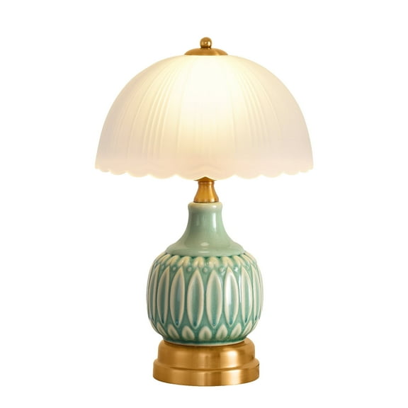 Table Lamps for Bedroom Vintage Golden Table Lamps for Bedroom Ceramic Retro Lamp for Living Room,16" Modern Bedside Nightstand Traditional Lamps, Classic Chinoiserie Green Glass Lamp for Home Decor