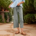 thumbnail image 2 of Summer Pants for Women Linen High Waisted Drawstring Culotte Pants Summer Elastic Waist Wide Leg Cropped Capri With Pockets Lady Elastic Waist Pant Training for Women Petite Sparkly Leggings Grey 2XL, 2 of 5