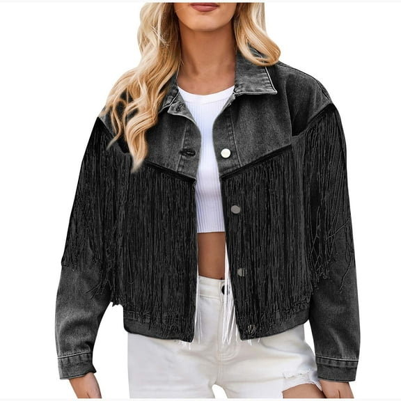 Women's Jean Jacket Distressed Washed Long Sleeve Hoodless Denim Outwear & Jackets Women's Fashion Color Lapel Look Slimmer Sleeve Denim Jacket Black s