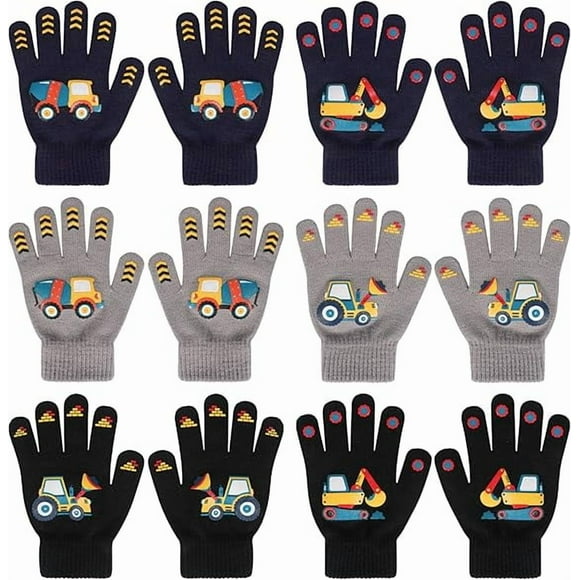 6 Pairs Children's Magic Gloves, Unisex Stretch Mittern Warm Knit Gloves Winter Thermal Glove Kid’s Full Fingers Glove Cold Weather Mitterns Excavator Pattern for Boys Girls 4-12 Years