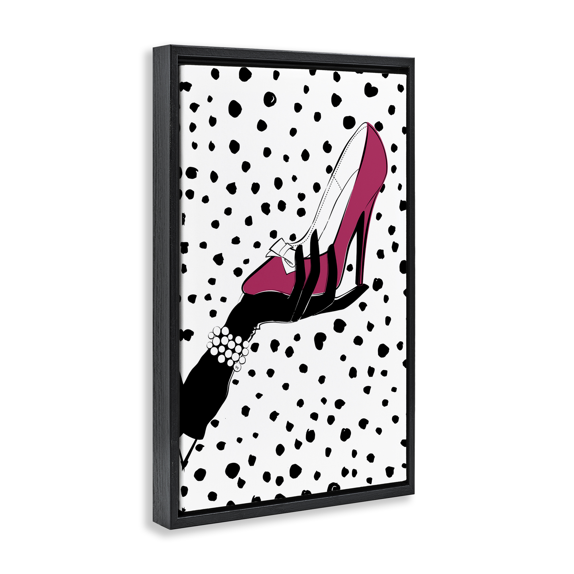 Stupell Industries Pink Shoe with Dots Beauty & Fashion Painting Black Floater Framed Art Print Wall Art, 21 x 31