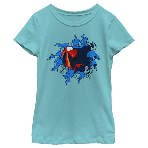 Girl's Mulan Mushu Hole Print Graphic Tee Tahiti Blue Small
