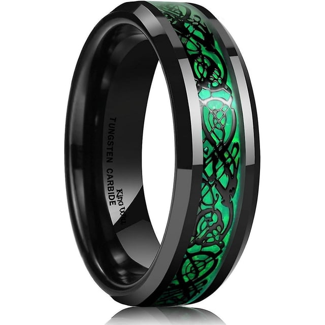 Anillo de carburo de tungsteno con dragón celta negro de fibra de carbono rojo/verde de 8mm/6mm/5mm de King Will Dragon para hombre, banda de boda de ajuste cómodo 8