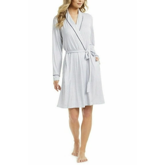 Alfani Womens Piping-Trim Wrap Robe, Modern stripe White/Blue, Small New with box/tags