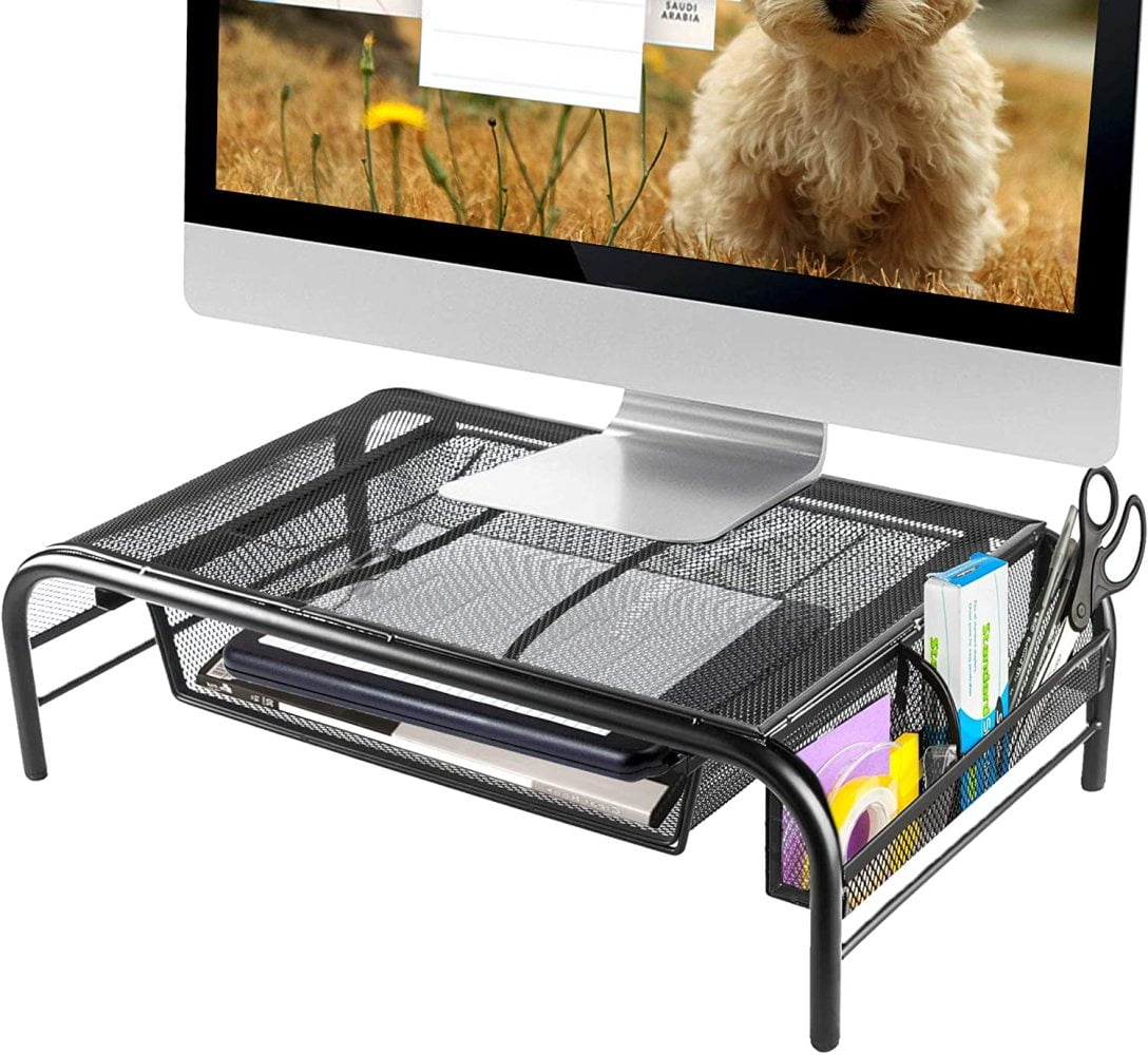 iMac for Laptop Metal Halter Mesh Monitor Stand Riser & Computer Desk Organizer Black Shelf with Pull Out Drawer & Side Compartment Keyboard & Printer Holder Riser w/Handle 1 Pack Screens 