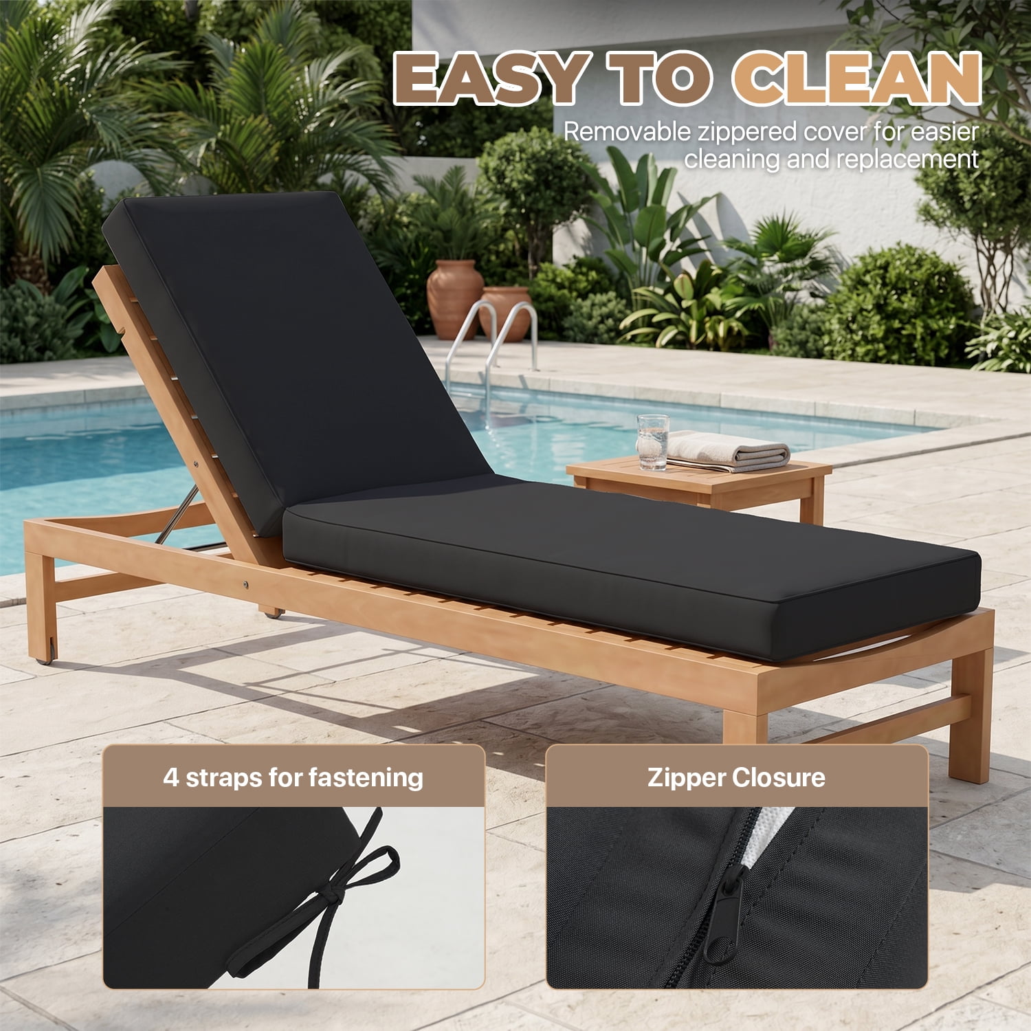 BaPiPro Black Outdoor Chaise Lounge Cushion, Waterproof Patio Lounge Chair Pad with High-Density Foam, Removable Cover & Secure Ties for Poolside, Garden & Patio
