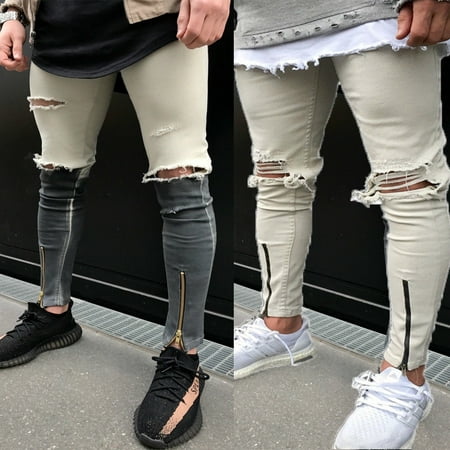 Men's Ripped Jeans Super Skinny Slim Fit Denim Pants Destroyed Frayed