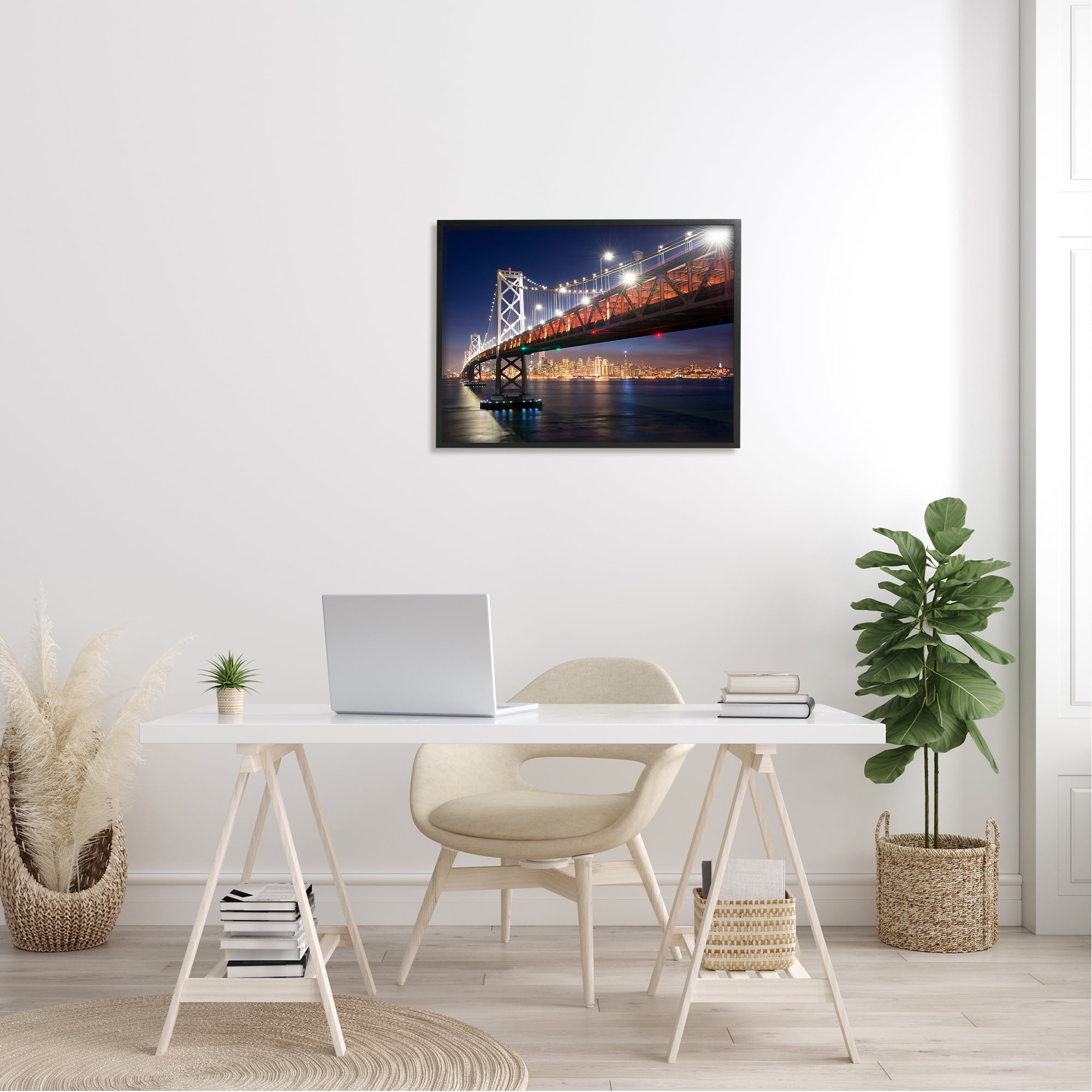 Stupell Industries Illuminated Water Ocean Bridge Urban City Skyline Framed Wall Art, 30 x 24, Design by John Gavrilis