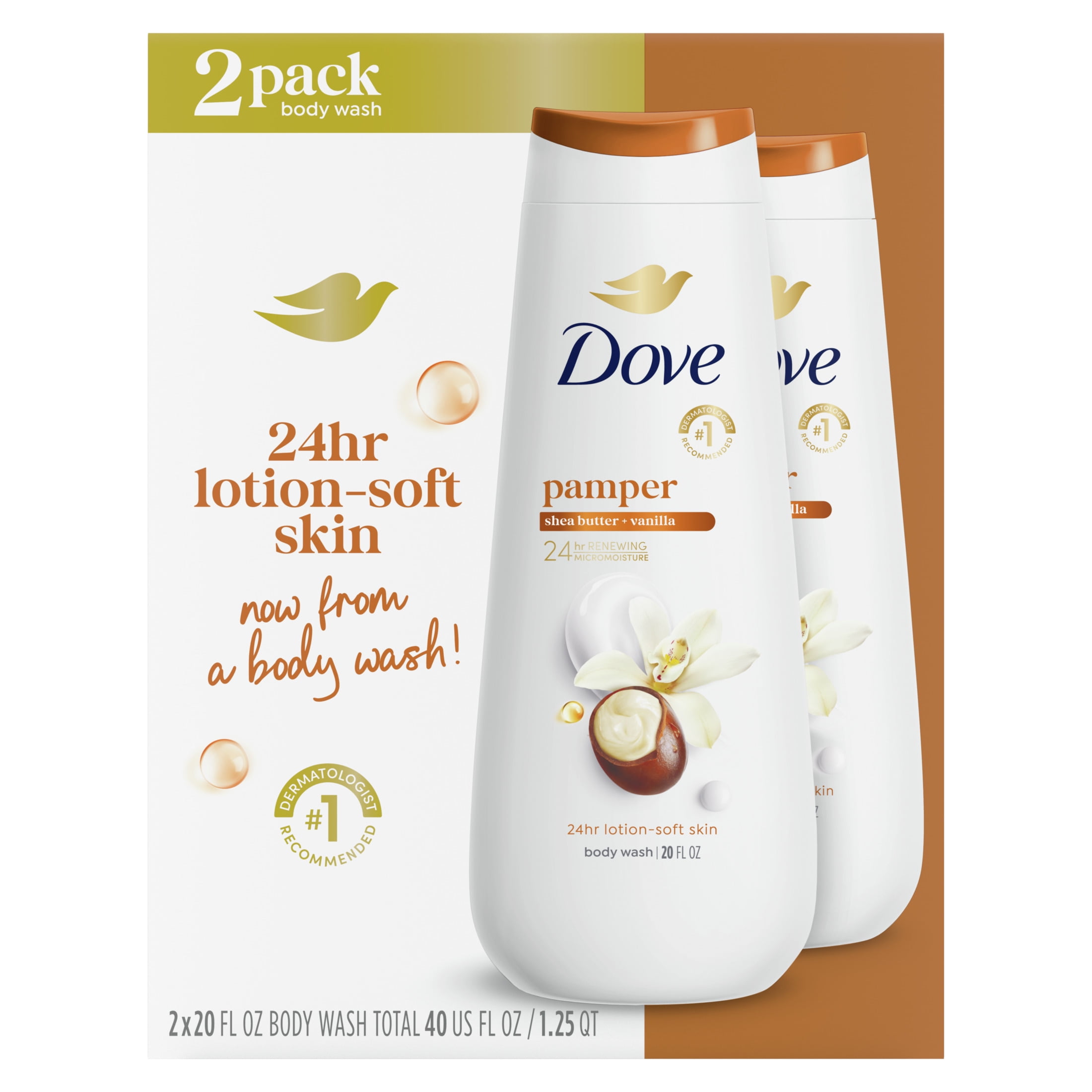 (4 pack) Dove Pampering Gentle Body Wash for Women All Skin Shea Butter & Vanilla, 20 fl oz Twin Pack