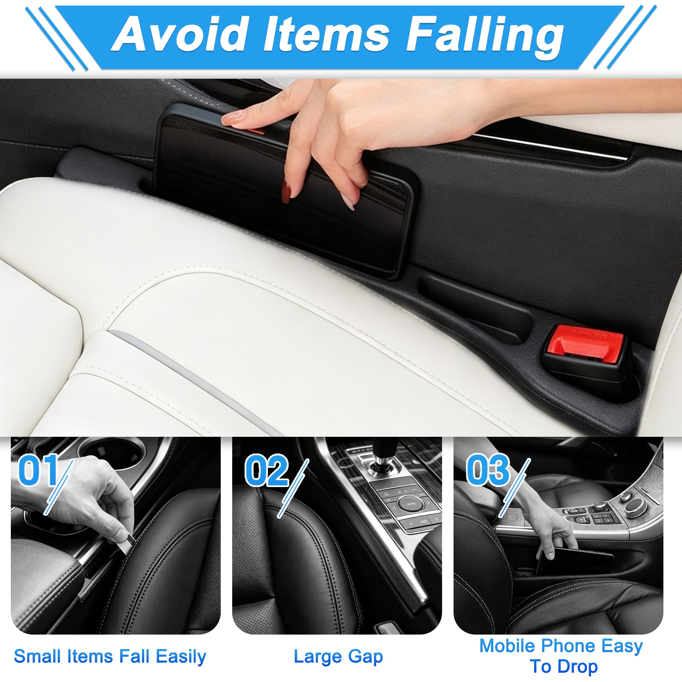 2 Pack Car Seat Gap Filler with Seat Belt Cutout, Universal Car Gap Plug Stopper, Anti-Drop Car Seat Crevice Blocker for Cell Phone Keys Coins Fit Car SUV Truck