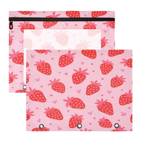 2 Pack A4 Zipper File Bags Cute Strawberry Pattern Design Document Pouches with Clear PVC Front Water Resistant Polyester File Folders for Office Home Stationery Storage