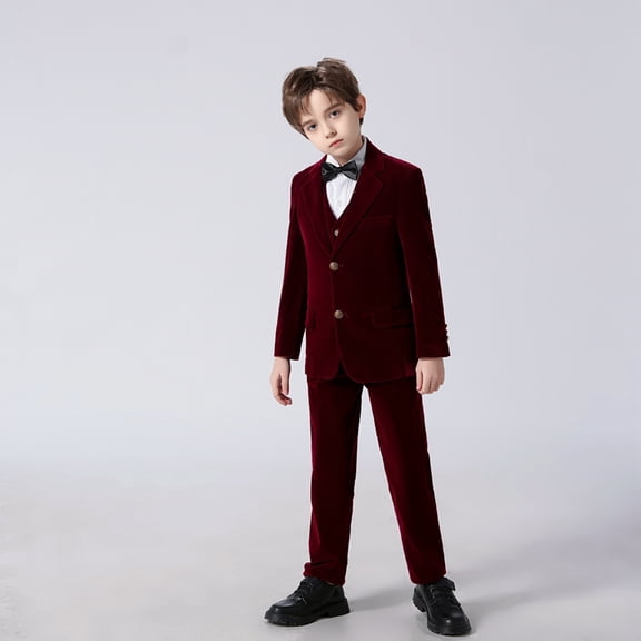 Wehilion Boys Velvet Blue Suits 5 Piece Slim Fit Dress Suit Set for Wedding