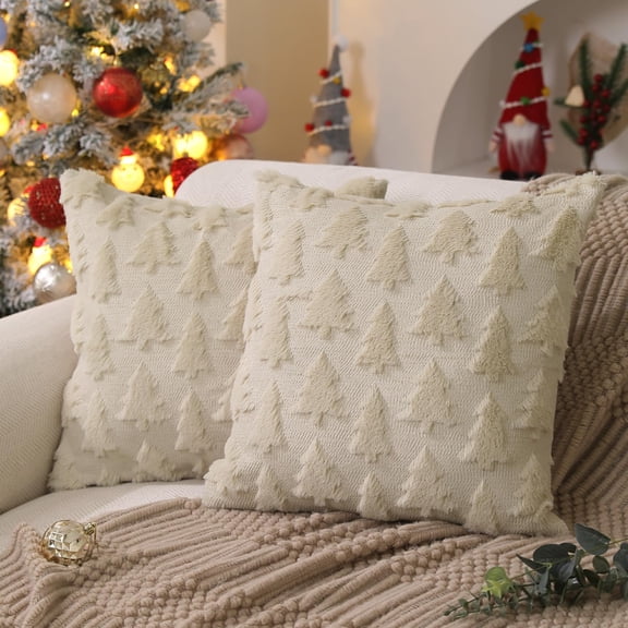 Christmas Tree Pillow Covers 18x18 inch Set of 4 Christmas Decoration Beige Soft Plush Faux Fur Jacquard Throw Pillows for Bedroom Sofa Holiday Festivals Winter Home Decor