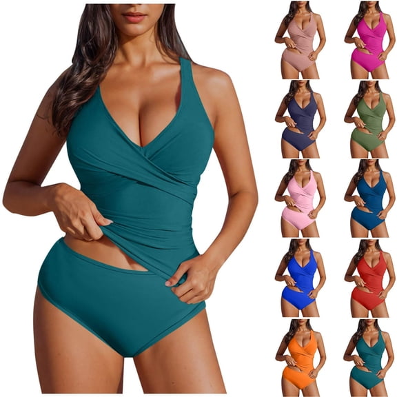 Women's Two Piece Tankini Swimsuit,V Neck Ruched Tummy Control Bathing Suit,High Waisted Bottom Modest Swimwear