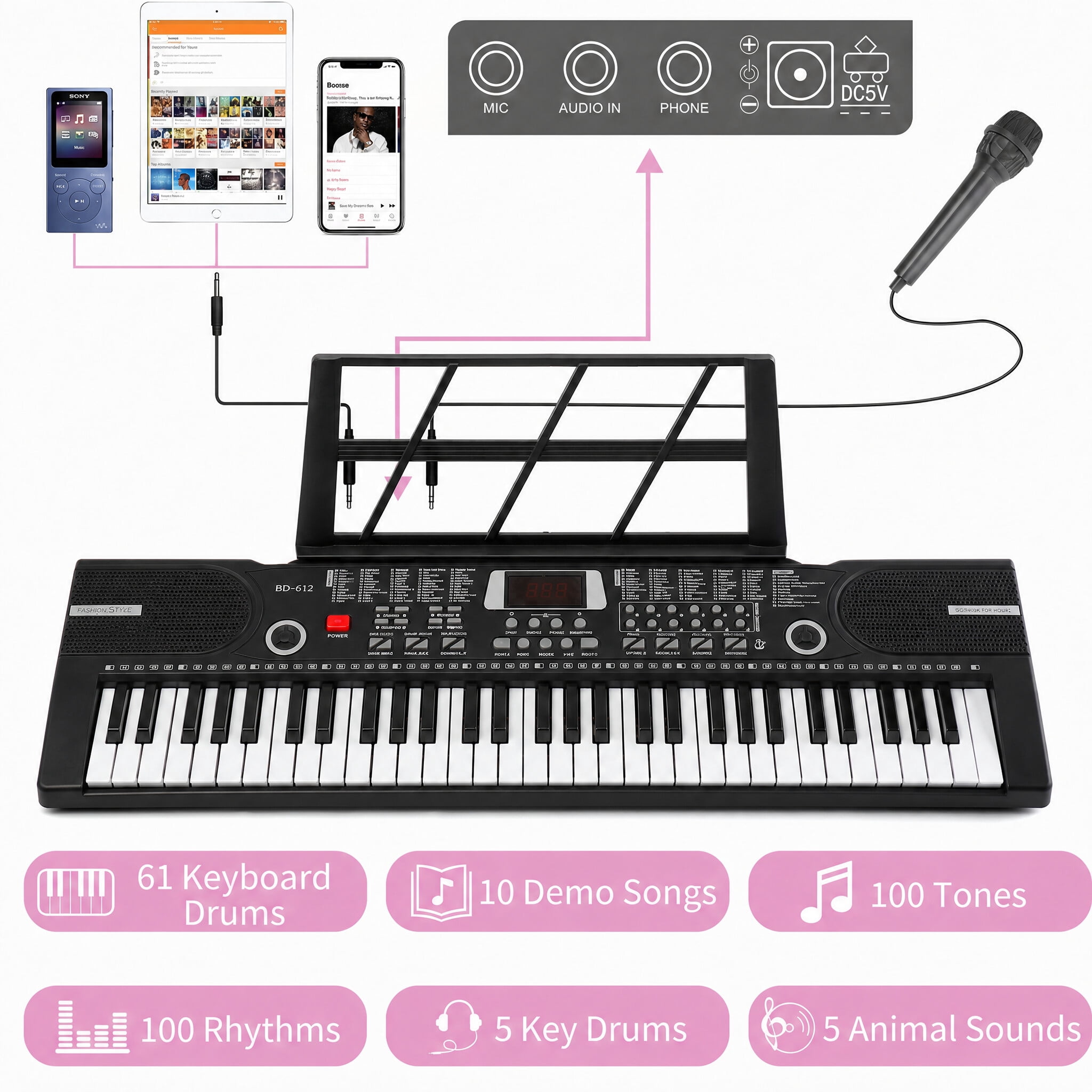Mixfeer 61-Key Electronic Piano, Portable Keyboard with Built-In Speaker, Microphone, Sheet Stand and Power Supply for Beginners, Black