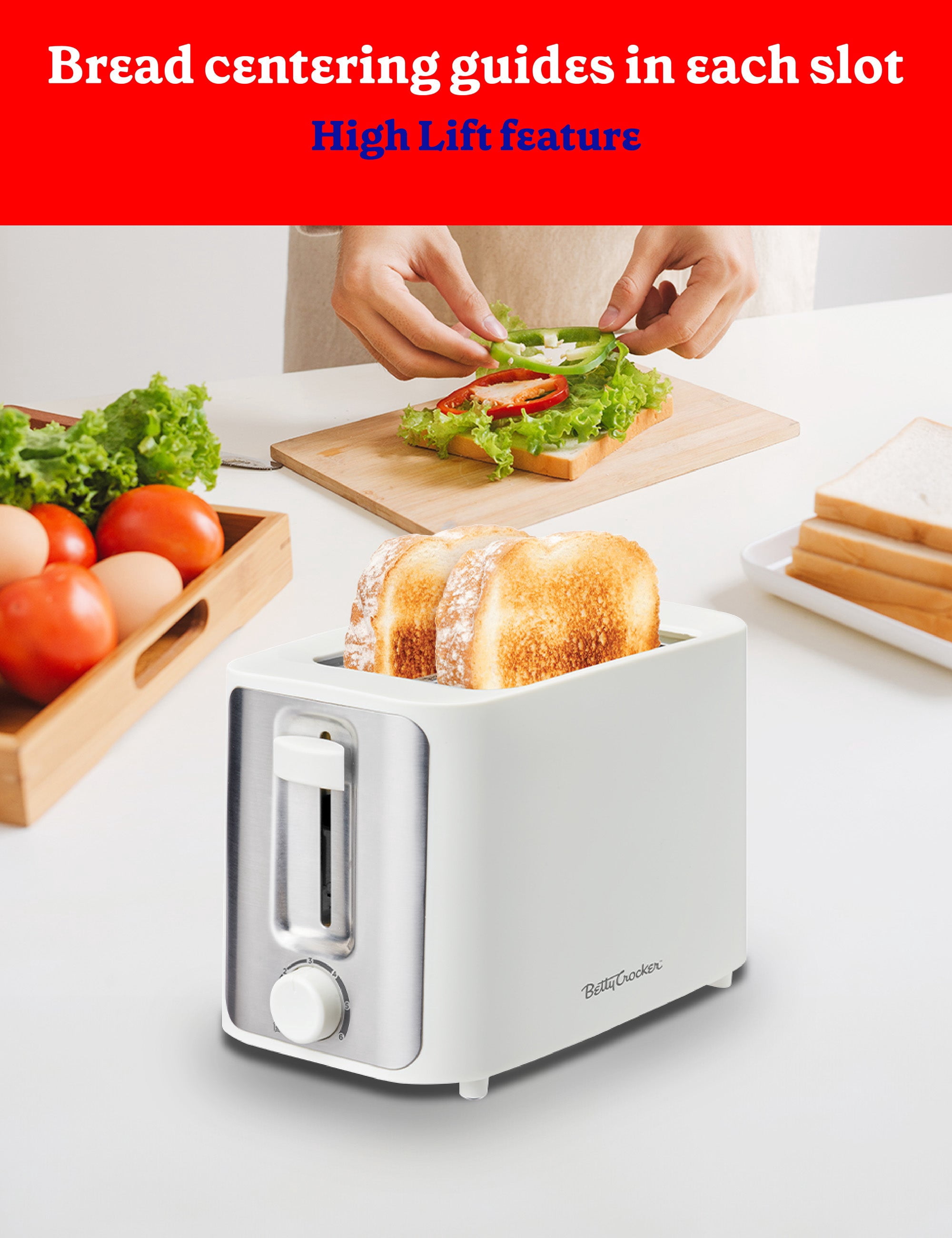 Betty Crocker 2-Slice Toaster, 900W, Variable Toast Shade Control, High Lift Feature, Cool Touch Housing, Bread Centering Guides, BC-5632W, White
