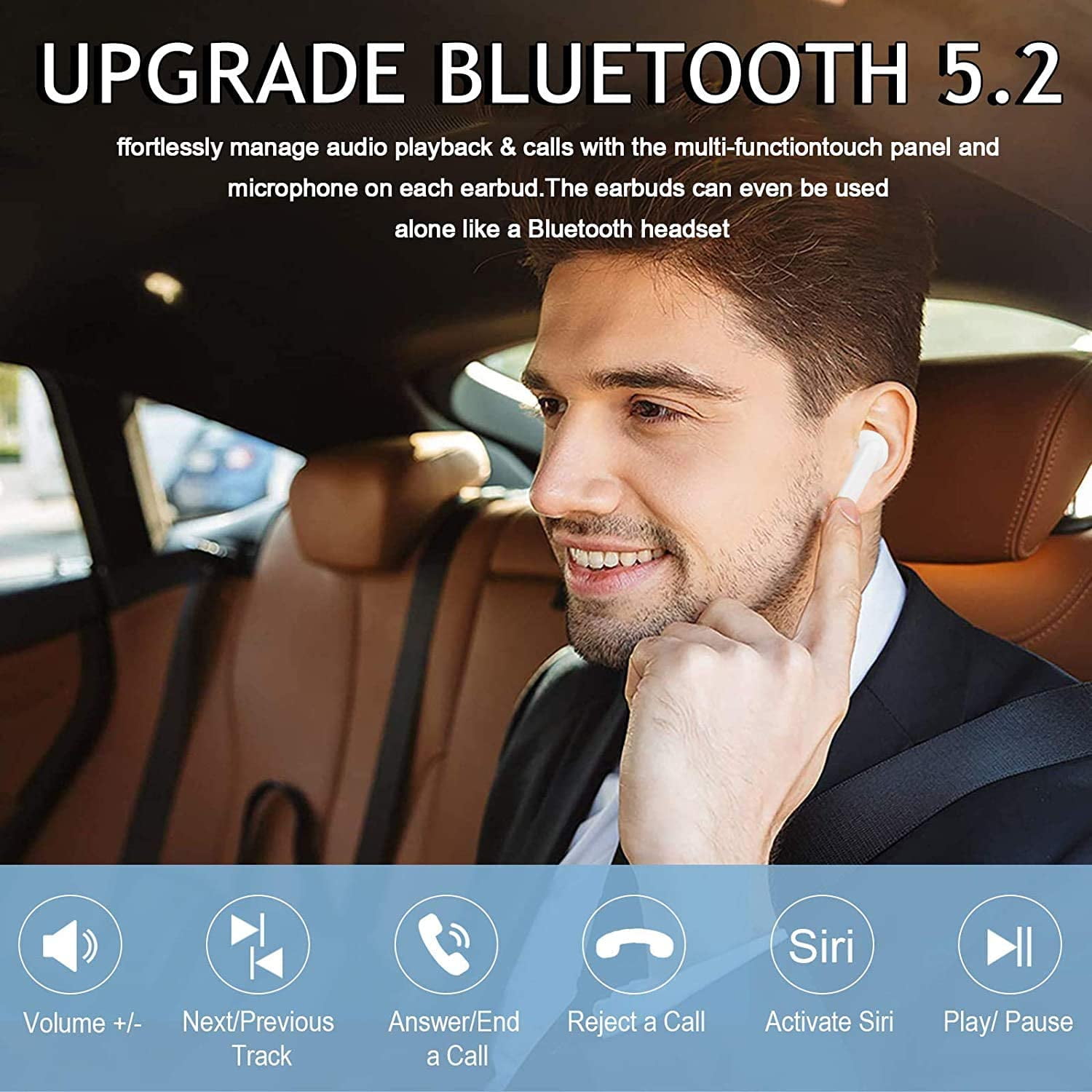 Wireless Earbuds Bluetooth 5.2 Headphones IPX7 Waterproof Earbuds with 24Hrs Mini Charging Case, 3D Stereo Headsets in-Ear Built in Mic Headset for iPhone/Samsung/Android/Airpods,White