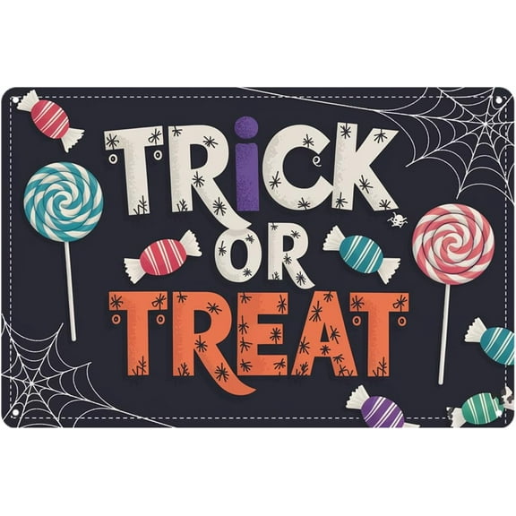 Halloween Trick or Treat Candy tin sign Vintage Halloween Metal Sign Suitable for outdoor decoration, home bar garden 8 x 12, easy to hang